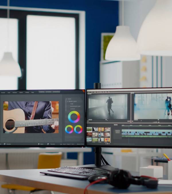 Empty modern creative agency office with dual monitors setup